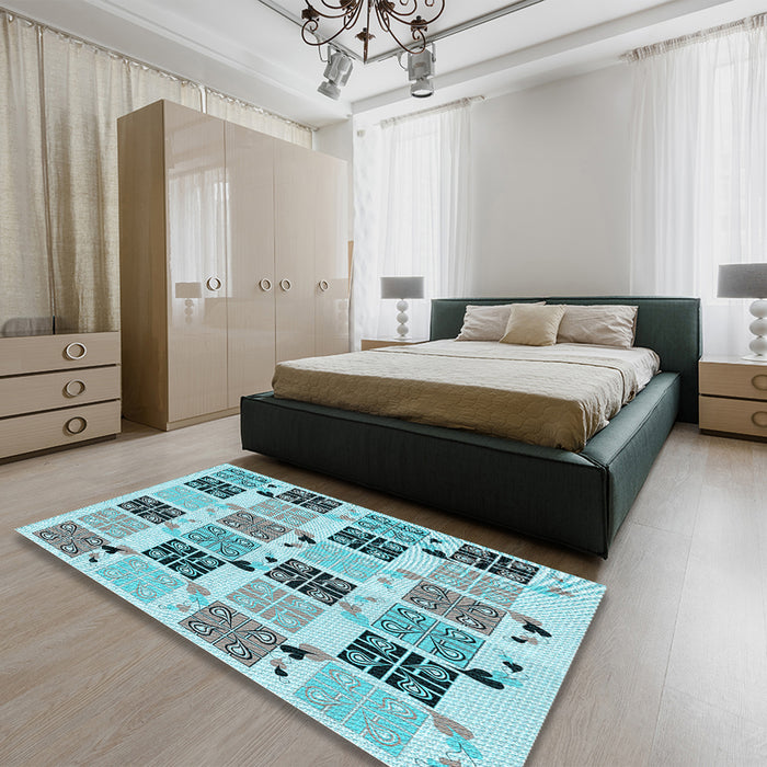 Patterned Sea Green Rug in a Bedroom, pat2017lblu
