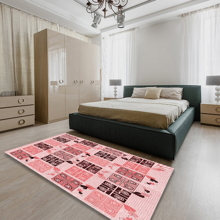 Patterned Deep Rose Pink Rug in a Bedroom, pat2017rd