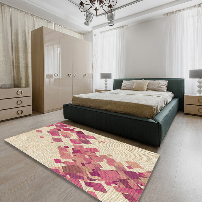 Round Machine Washable Transitional Vanilla Gold Rug in a Office, wshpat2022brn