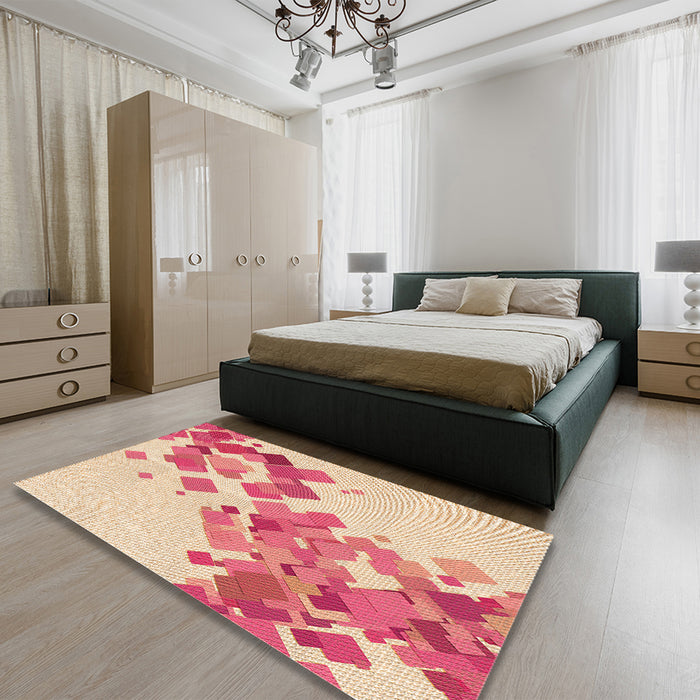 Patterned Deep Peach Orange Rug in a Bedroom, pat2022org
