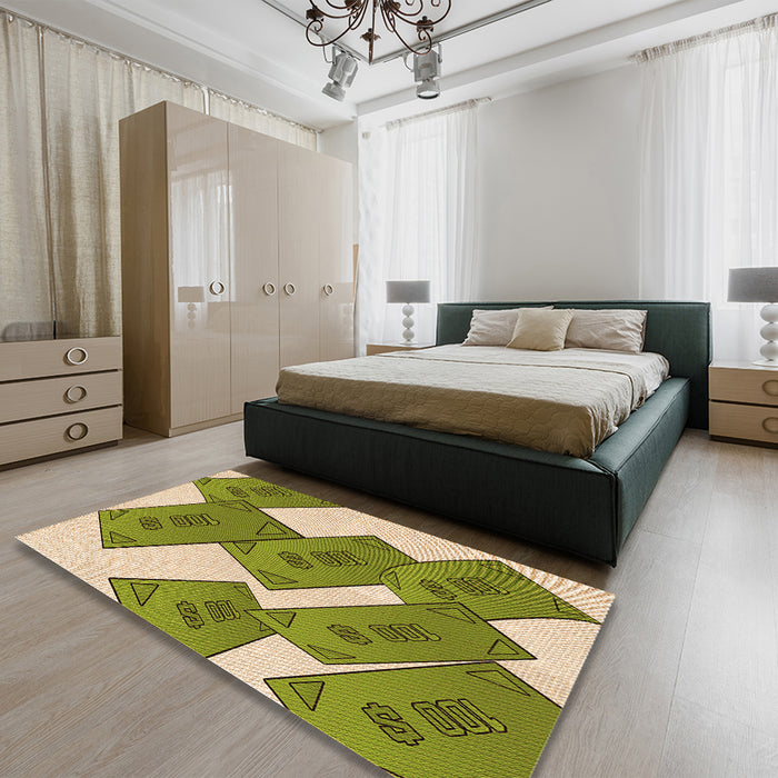 Patterned Olive Green Rug in a Bedroom, pat2027org