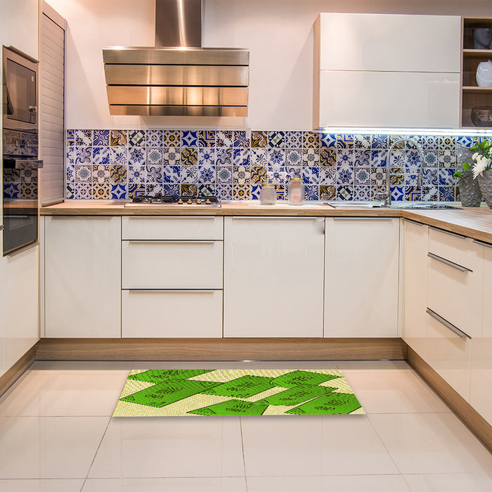 Patterned Dark Lime Green Rug in a Kitchen, pat2027yw