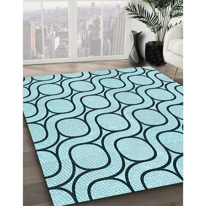 Patterned Deep-Sea Green Rug in Family Room, pat2037lblu