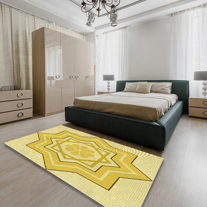 Round Machine Washable Transitional Yellow Rug in a Office, wshpat2038yw