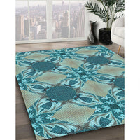 Patterned Medium Turquoise Green Rug, pat2039lblu