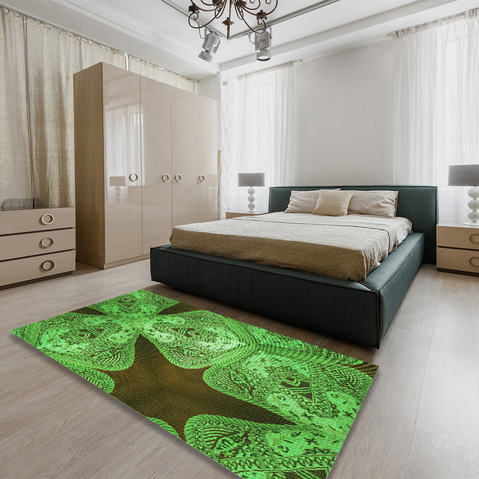 Patterned Neon Green Rug in a Bedroom, pat2040grn