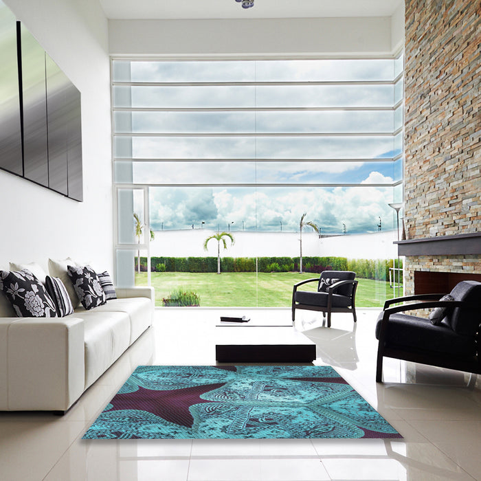 Square Patterned Bright Turquoise Blue Rug in a Living Room, pat2040lblu