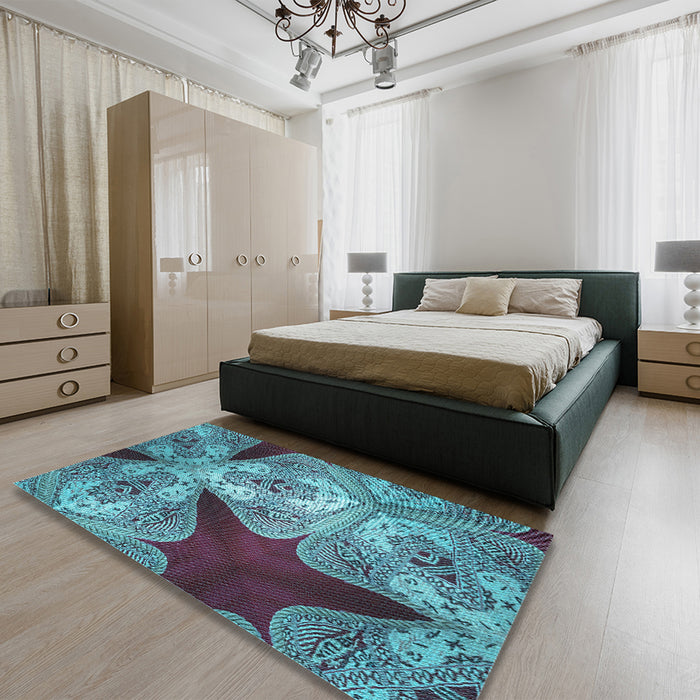 Patterned Bright Turquoise Blue Rug in a Bedroom, pat2040lblu