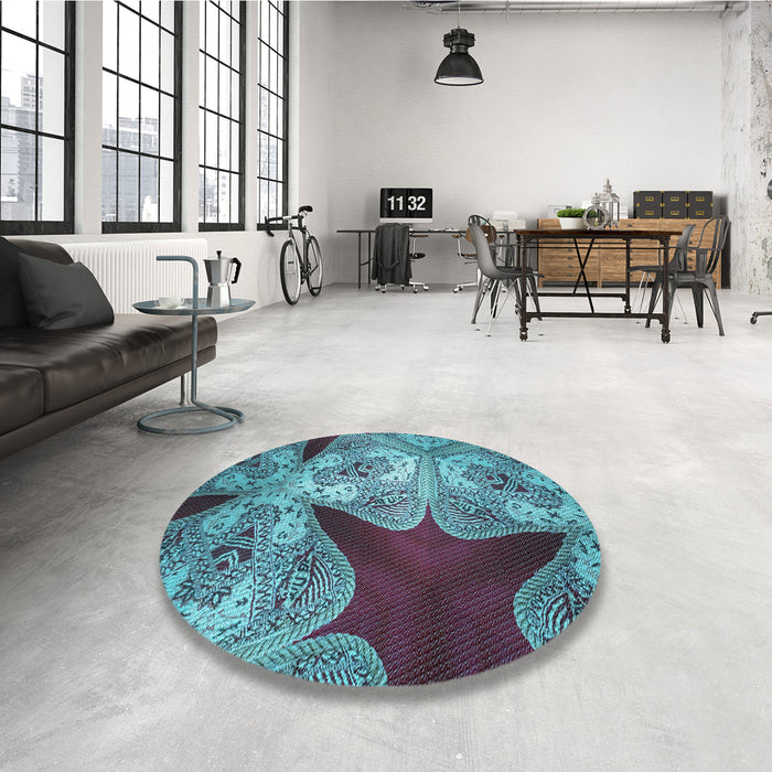 Round Patterned Bright Turquoise Blue Rug in a Office, pat2040lblu