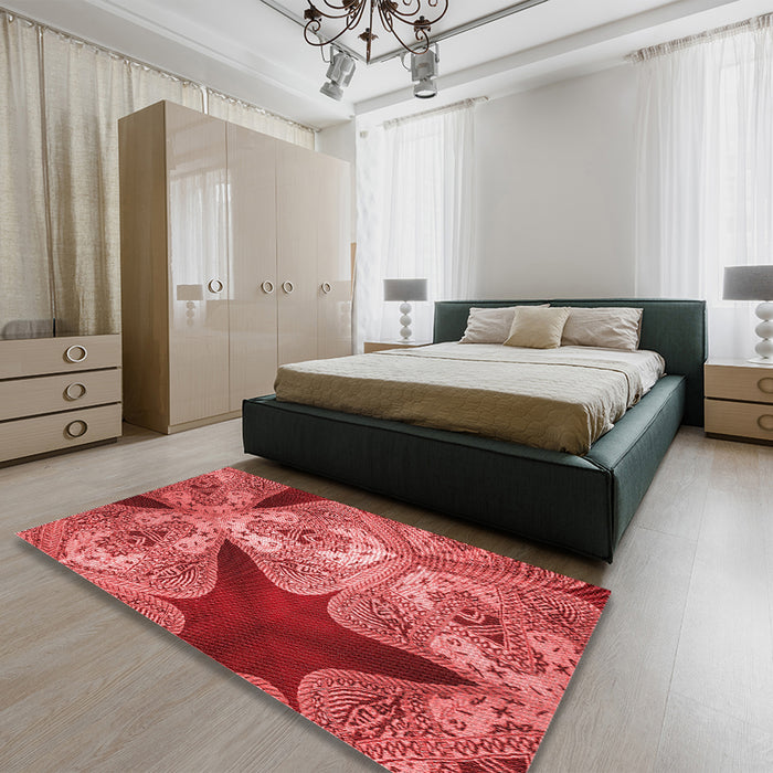 Patterned Red Rug in a Bedroom, pat2040rd