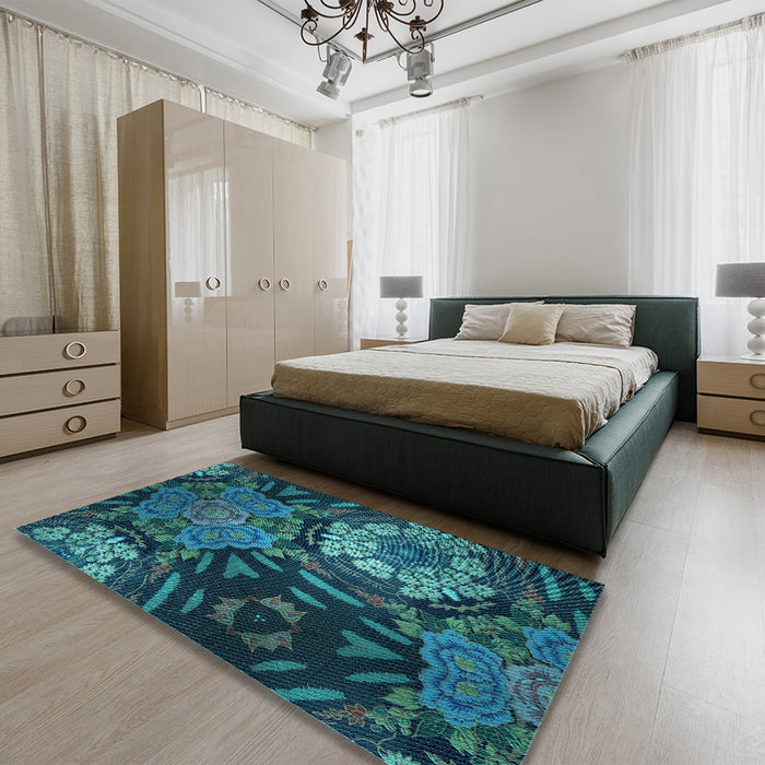 Patterned Deep-Sea Blue Rug in a Bedroom, pat2041lblu