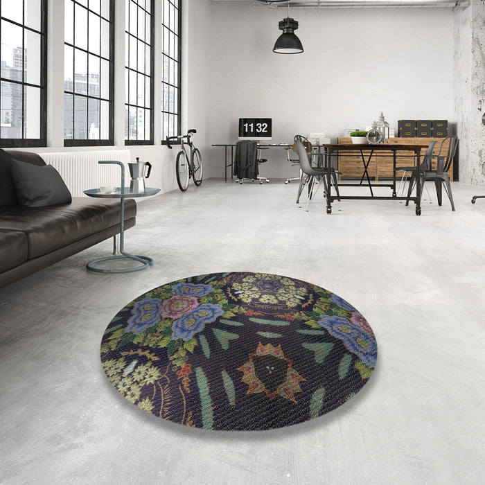 Round Machine Washable Transitional Charcoal Black Rug in a Office, wshpat2041