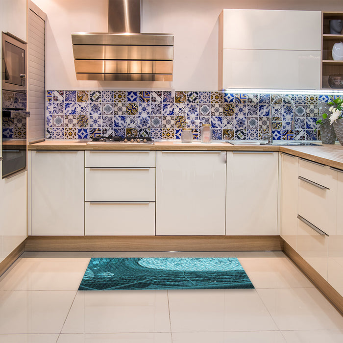 Patterned Medium Teal Green Rug in a Kitchen, pat2044lblu