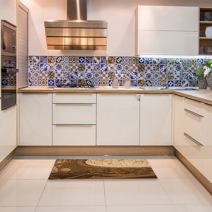 Patterned Red Brown Rug in a Kitchen, pat2044org