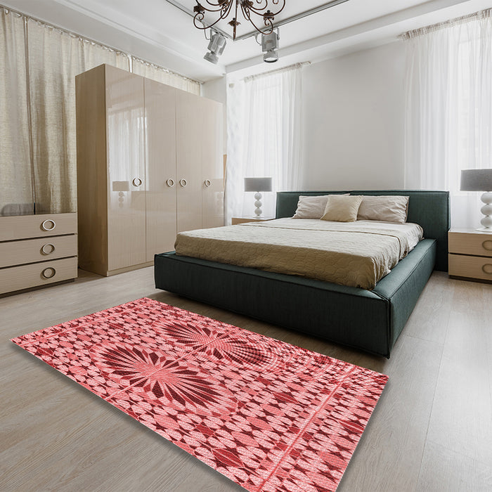 Patterned Light Coral Pink Rug in a Bedroom, pat2045rd