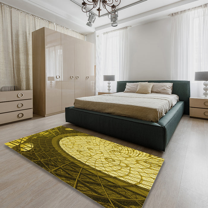 Patterned Golden Brown Yellow Rug in a Bedroom, pat2046yw