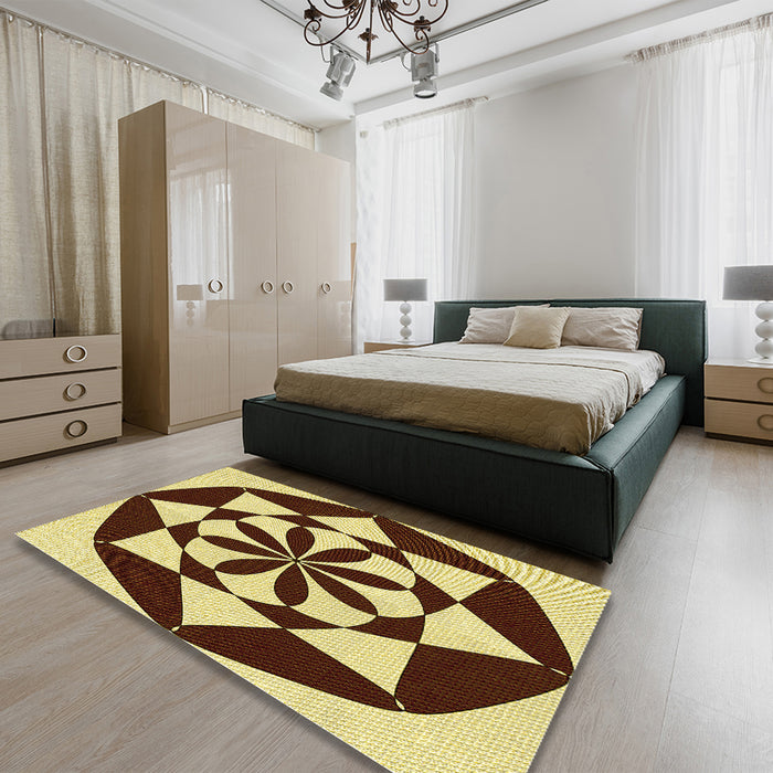 Round Machine Washable Transitional Mustard Yellow Rug in a Office, wshpat2049yw
