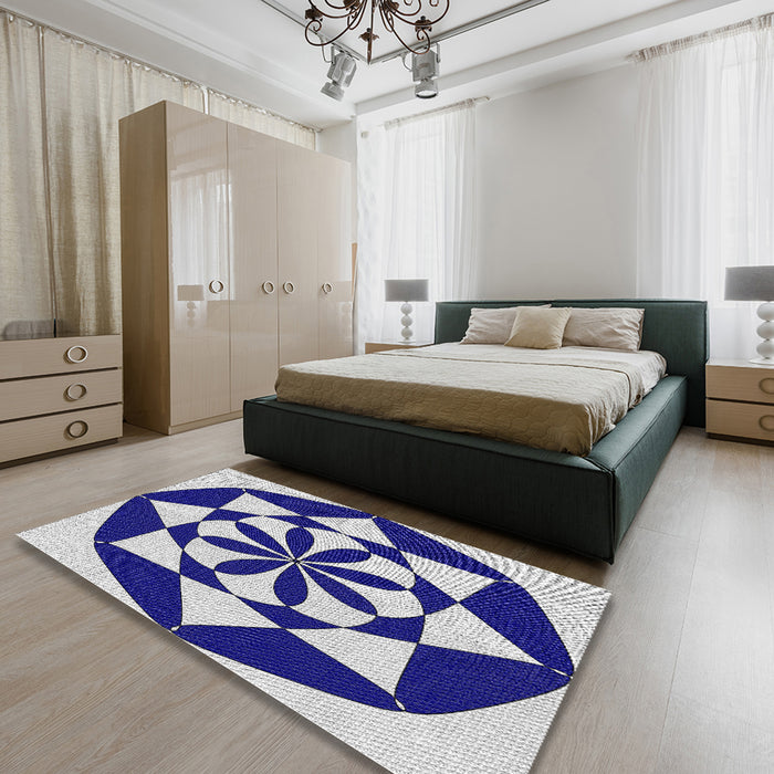 Patterned Cobalt Blue Novelty Rug in a Bedroom, pat2049