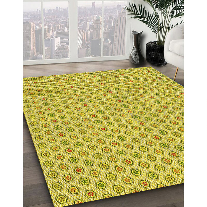 Patterned Yellow Rug in Family Room, pat205yw