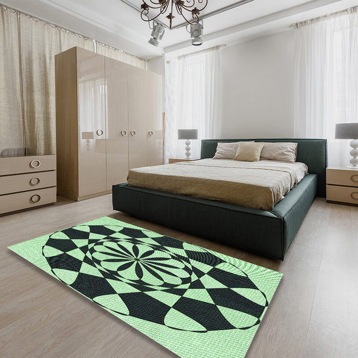 Patterned Dark Slate Grey Green Rug in a Bedroom, pat2050grn