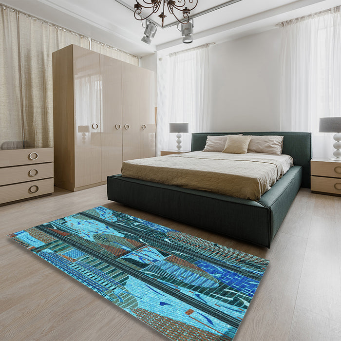 Round Machine Washable Transitional Dark Blue Grey Blue Rug in a Office, wshpat2051lblu