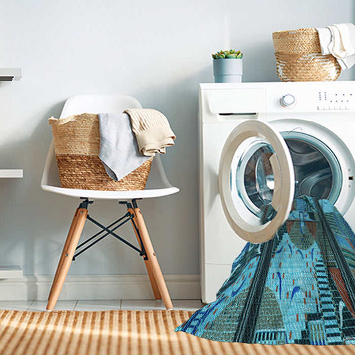 Machine Washable Transitional Dark Blue Grey Blue Rug in a Washing Machine, wshpat2051lblu