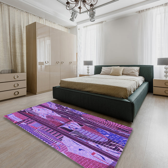 Patterned Dark Magenta Purple Rug in a Bedroom, pat2051pur