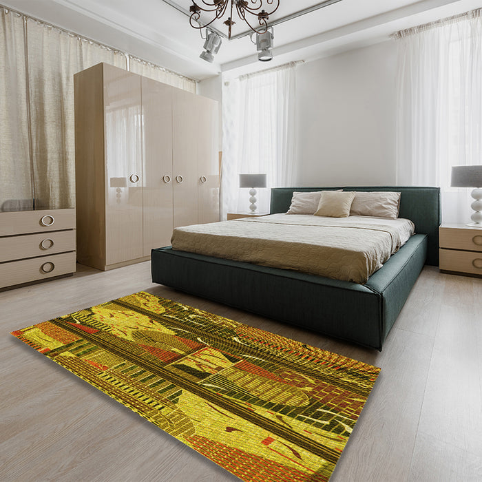 Patterned Red Brown Rug in a Bedroom, pat2051yw