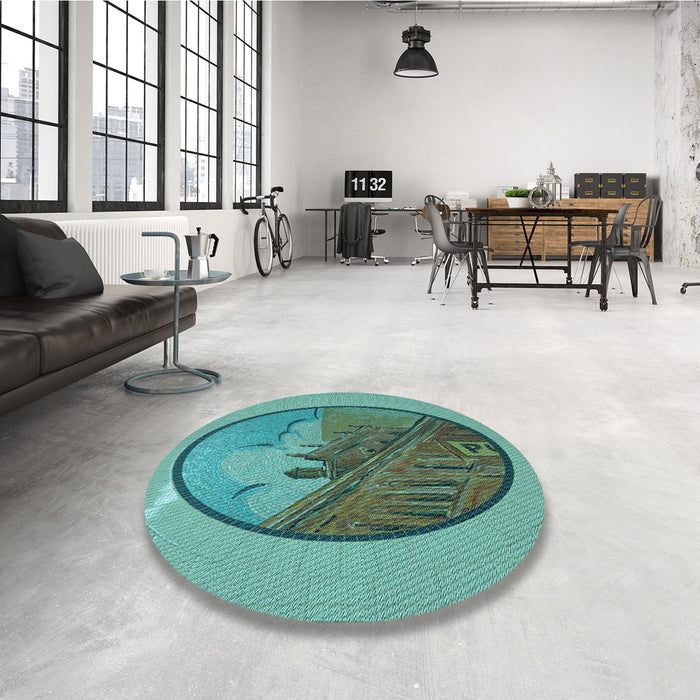 Round Patterned Turquoise Green Rug in a Office, pat2054lblu