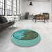 Round Patterned Turquoise Green Rug in a Office, pat2054lblu