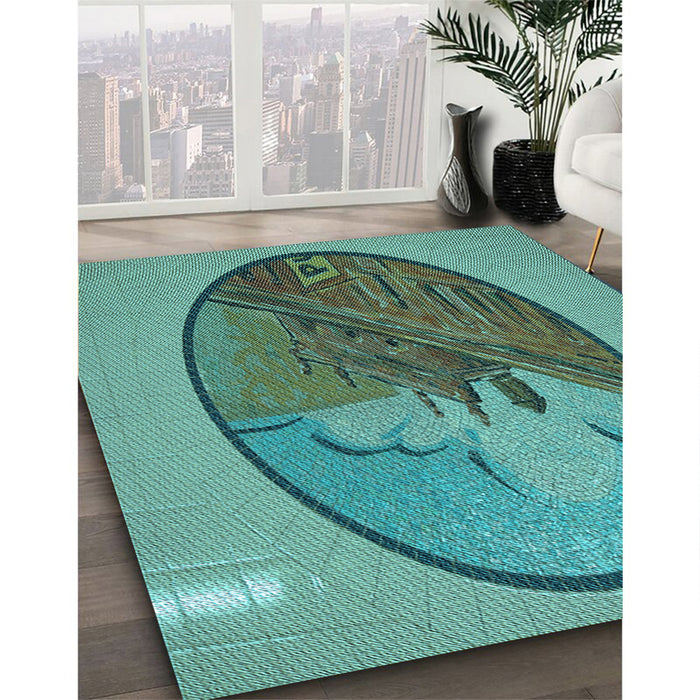 Patterned Turquoise Green Rug in Family Room, pat2054lblu