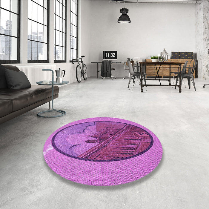 Round Patterned Bright Neon Pink Purple Rug in a Office, pat2054pur