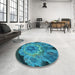 Round Patterned Dark Turquoise Green Rug in a Office, pat2055lblu