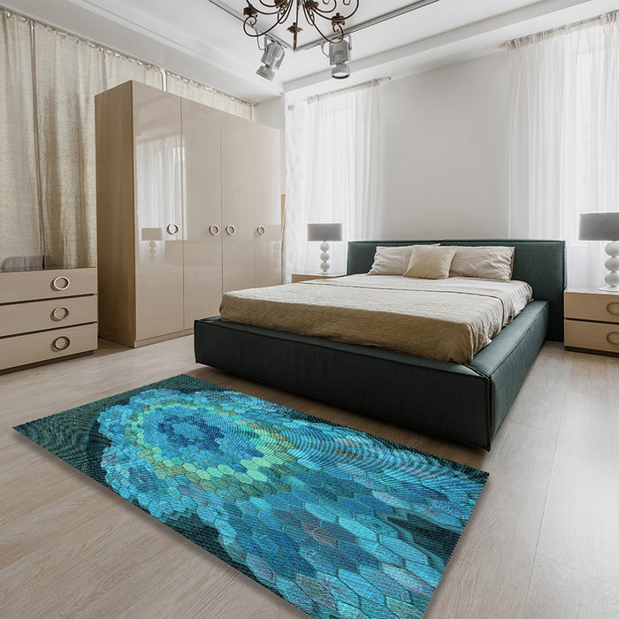 Patterned Dark Turquoise Green Rug in a Bedroom, pat2055lblu