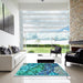 Square Patterned Turquoise Green Rug in a Living Room, pat2056lblu