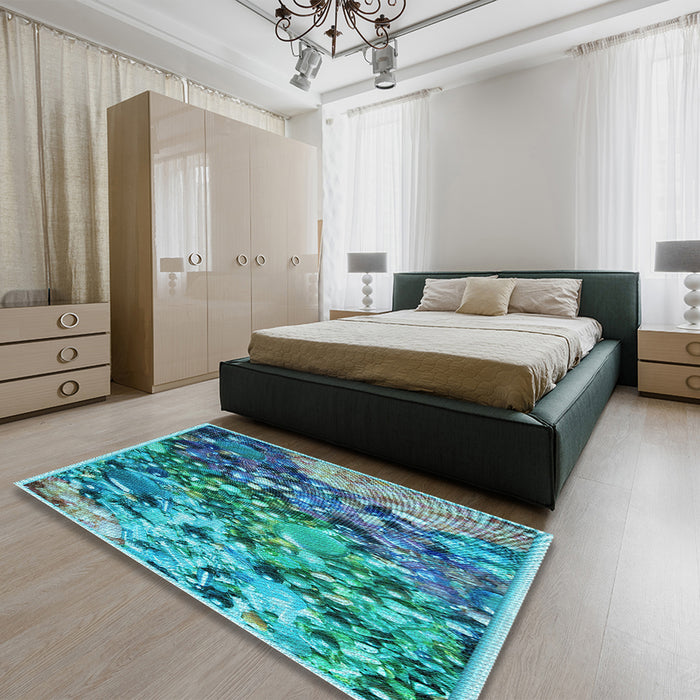 Patterned Turquoise Green Rug in a Bedroom, pat2056lblu