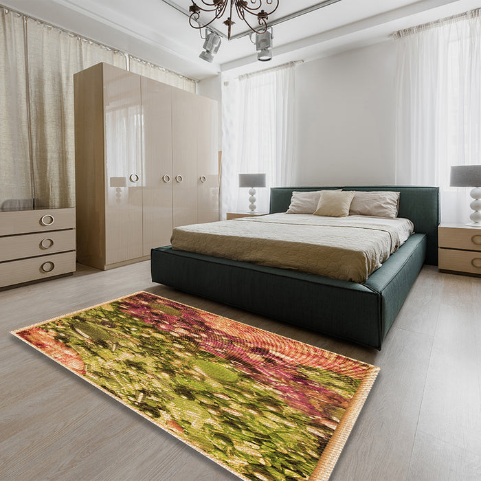 Patterned Mahogany Brown Rug in a Bedroom, pat2056org