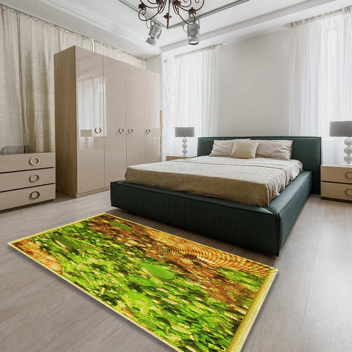Patterned Dark Bronze Brown Rug in a Bedroom, pat2056yw
