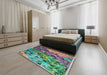 Patterned Blue Green Modern Rug in a Bedroom, pat2056