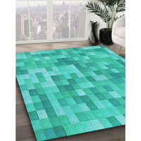 Patterned Dark Turquoise Green Rug, pat2059lblu