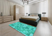 Patterned Dark Turquoise Green Rug in a Bedroom, pat2059lblu