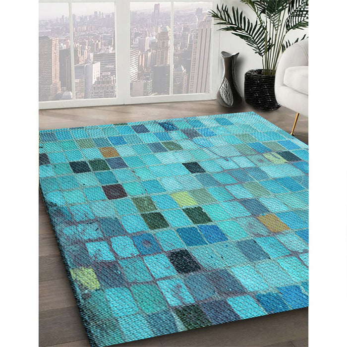 Patterned Bright Turquoise Blue Rug in Family Room, pat2061lblu