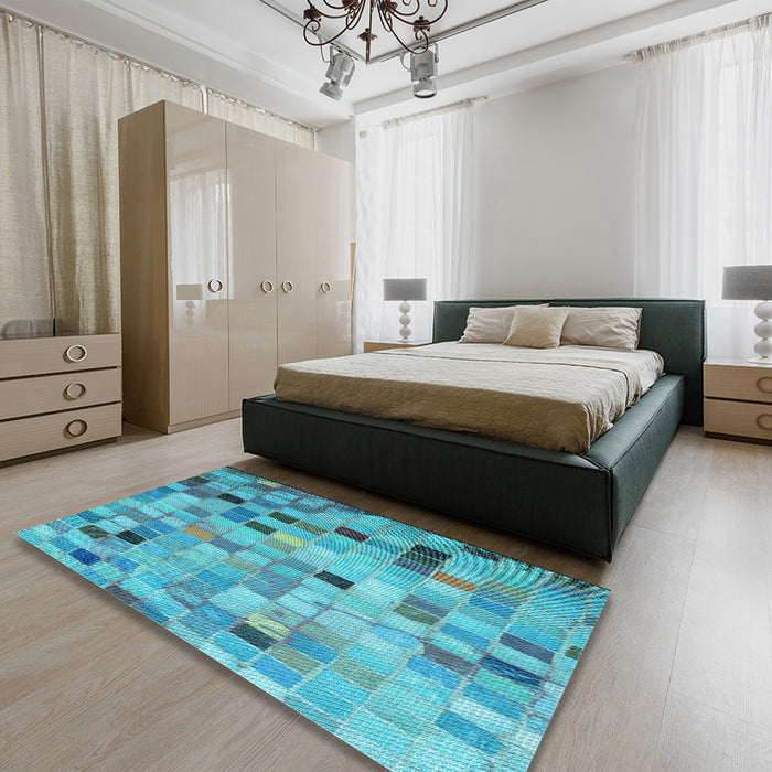 Patterned Bright Turquoise Blue Rug in a Bedroom, pat2061lblu