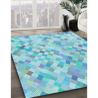 Patterned Blue Turquoise Green Rug, pat2068lblu