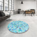 Round Patterned Blue Turquoise Green Rug in a Office, pat2068lblu