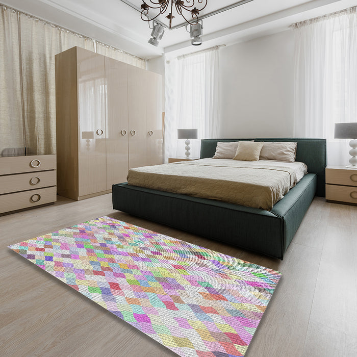 Patterned White Gold Modern Rug in a Bedroom, pat2068
