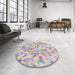 Round Machine Washable Transitional White Gold Rug in a Office, wshpat2068
