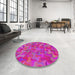 Round Machine Washable Transitional Deep Pink Rug in a Office, wshpat2069