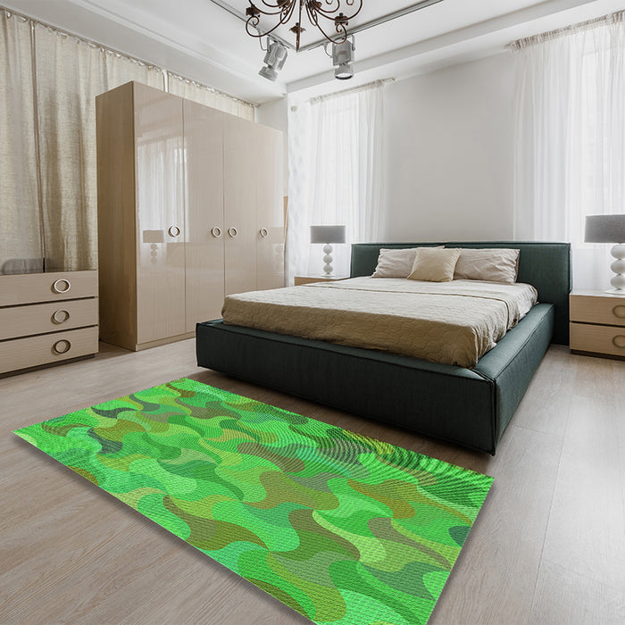Patterned Dark Lime Green Rug in a Bedroom, pat2070grn