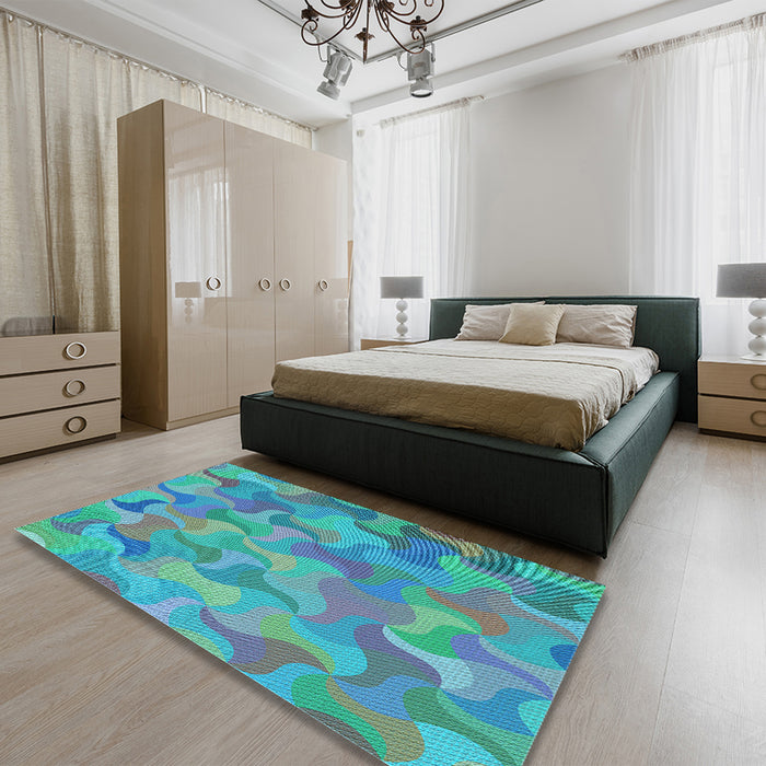 Patterned Glacial Blue Ice Blue Rug in a Bedroom, pat2070lblu